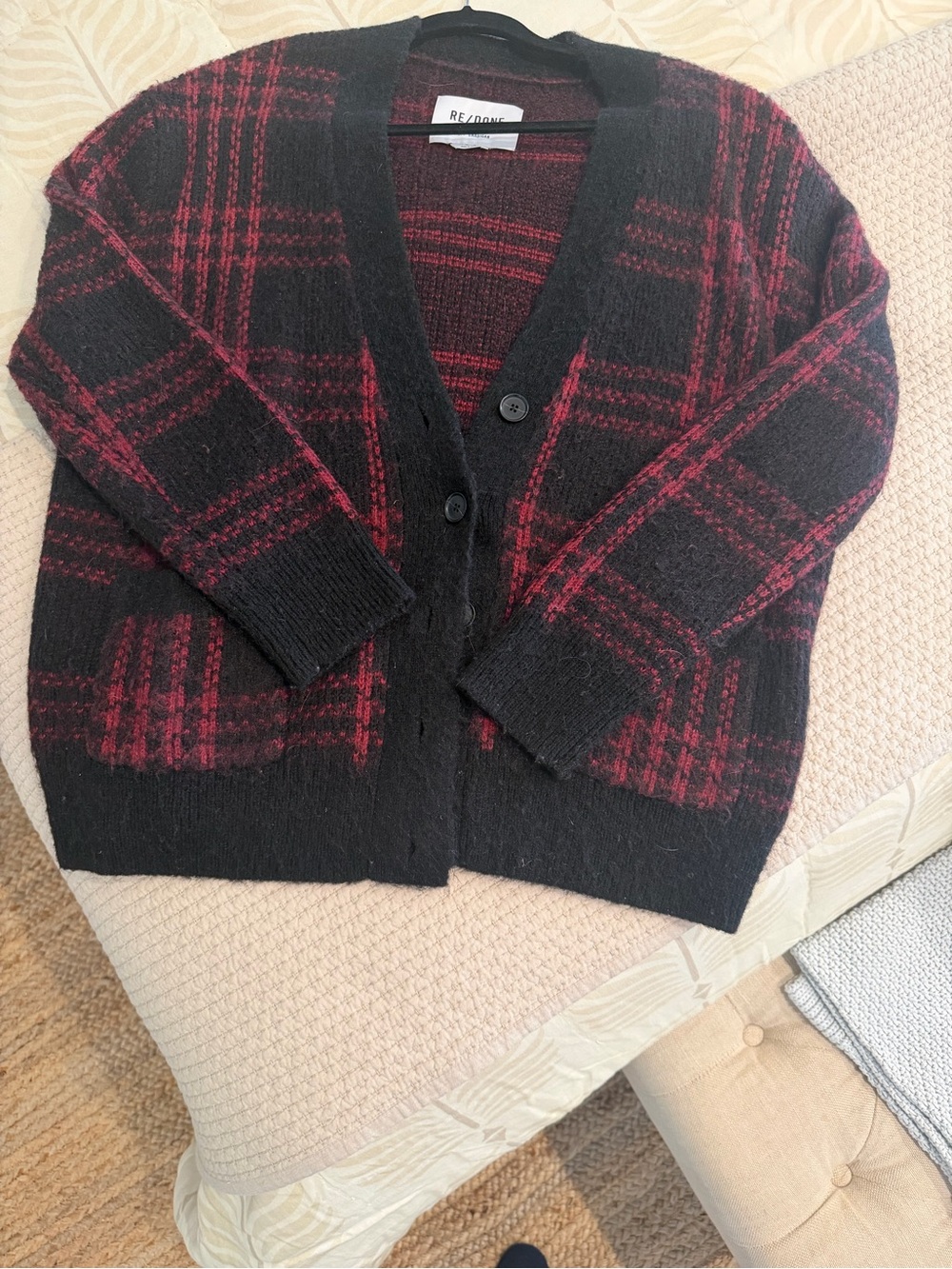 Re/Done Black and Red Plaid Button-Front Cardigan